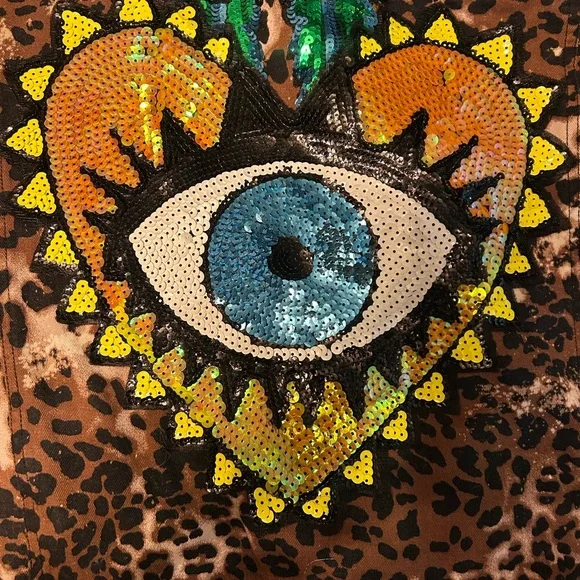 Cheetah Print Bleached Third Eye Sequin Jean Canvas Jacket Boutique NWT - Picture 4 of 6